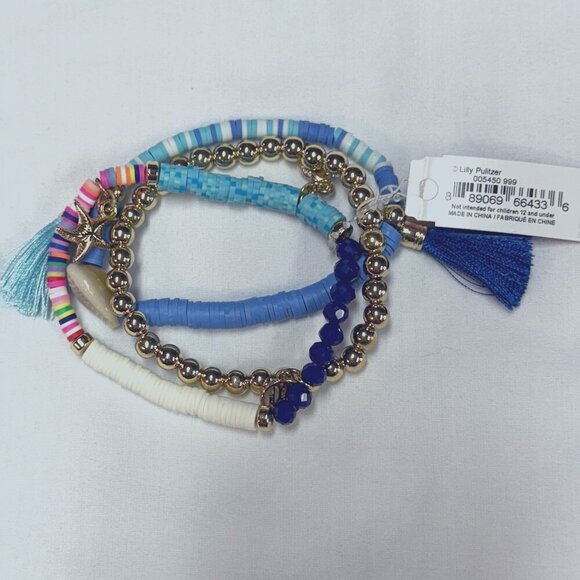 Lilly Pulitzer Beaded Stretch Bracelet Set Blue/Gold NWT w/ Pouch EUC - Picture 4 of 6